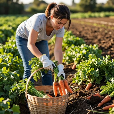 Woman harvesting carrots in field