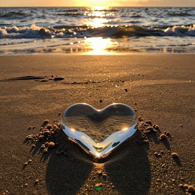 Glass Heart on Beach at Sunset