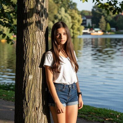 Young Woman by Lake Tree
