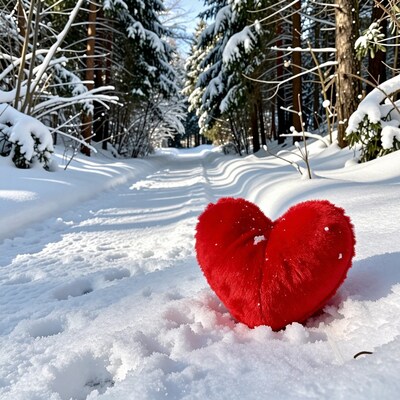 Red heart in snowy forest