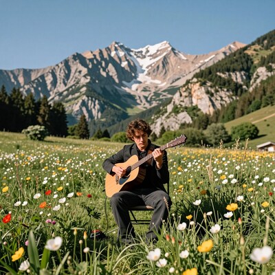 Man playing guitar in mountain meadow