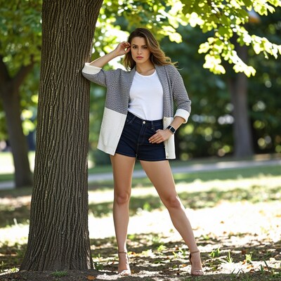 Woman in striped cardigan posing by tree