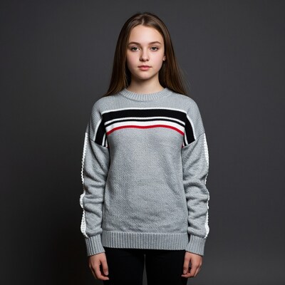 Young woman in grey striped sweater