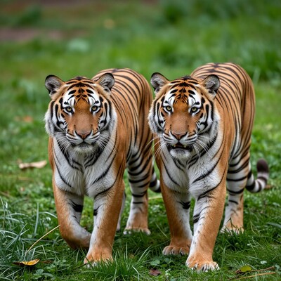 Two tigers walking