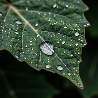 Dew Drops on Green Leaf