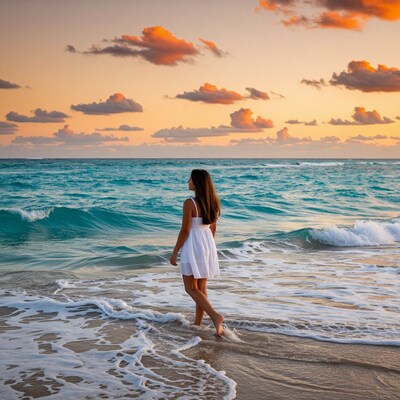 Woman on tropical beach at sunset