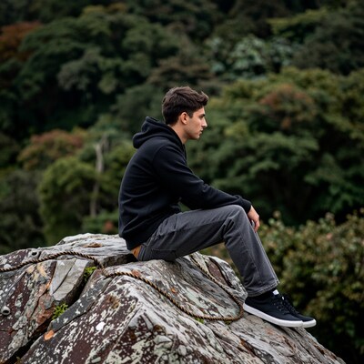 Young man sitting on rocky cliff