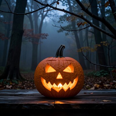 Jack-o'-lantern in foggy forest