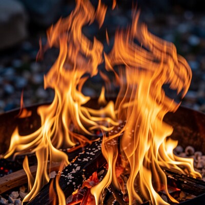 Campfire flames burning wood