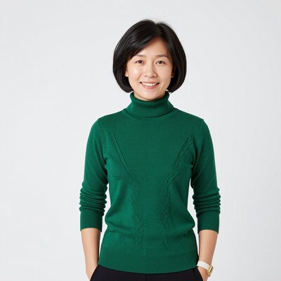 Asian woman in green turtleneck sweater