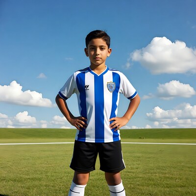 Boy in blue white soccer jersey