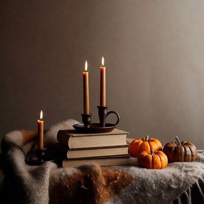 Autumn Candles and Pumpkins Still Life
