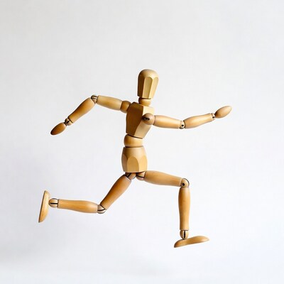 Wooden mannequin running pose