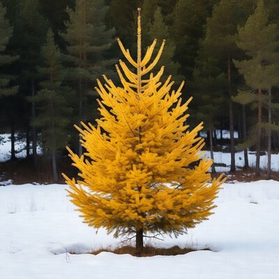 Golden Yellow Christmas Tree in Snow