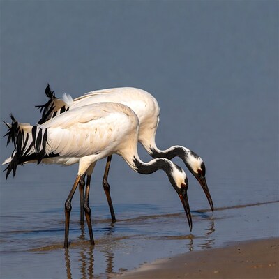 Two cranes drinking water