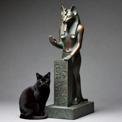 Black Cat with Bastet Statue
