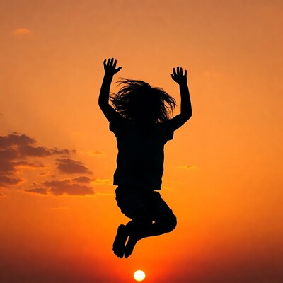 Child Jumping Silhouette Sunset