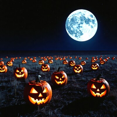 Jack-o'-lanterns under full moon
