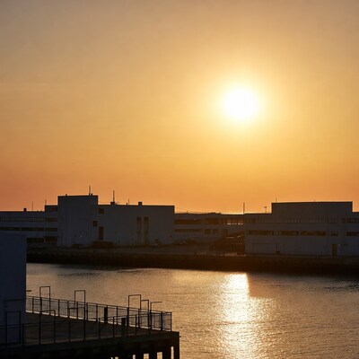 Industrial buildings at sunset