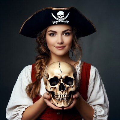 Woman in Pirate Hat Holding Skull