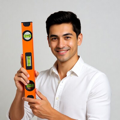 Man holding orange spirit level