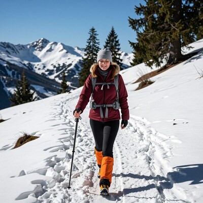 Woman hiking snowy mountain