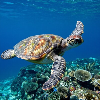 Sea Turtle Swimming Over Coral Reef